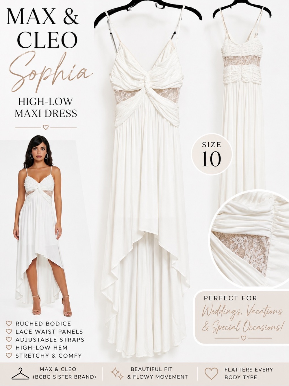Max & Cleo Sophia White High-Low Maxi Dress Lace Ruched Wedding Guest Size 10